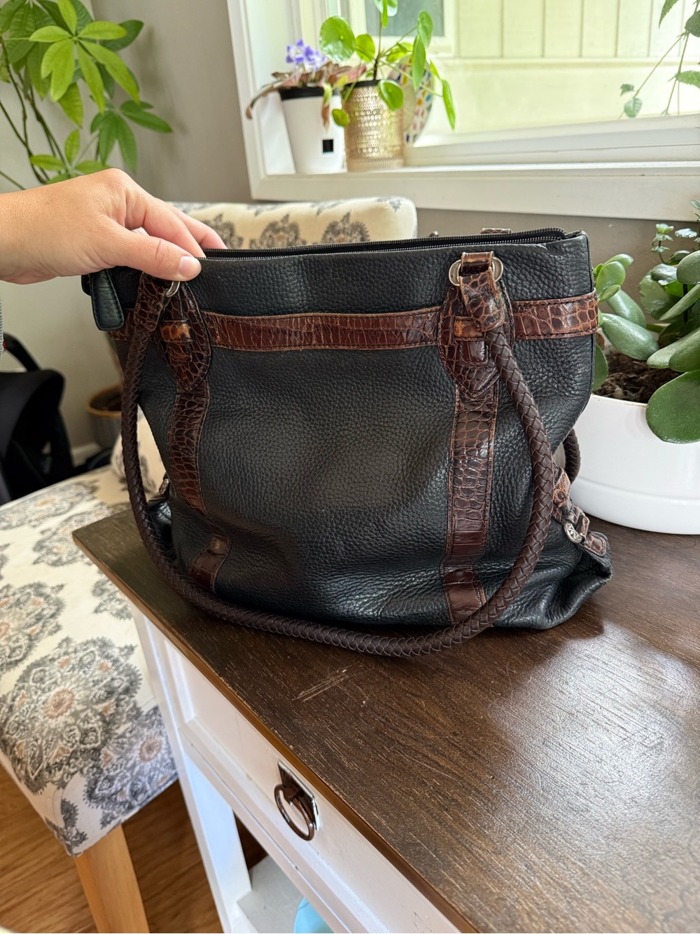 Vintage Brighton Black & Brown Pebble Leather Medium Shoulder Bag Tote Purse - Picture 5 of 12